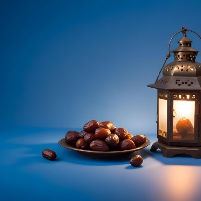 A Plate Of Dates And A String Of Prayer Beads Next To A Lantern On A Blue Background 36 Fdb7