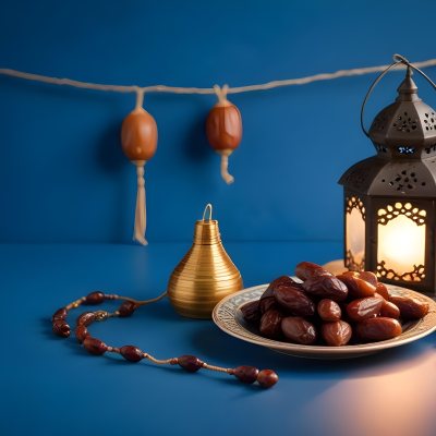 A Plate Of Dates And A String Of Prayer Beads Next To A Lantern On A Blue Background 39 36c8
