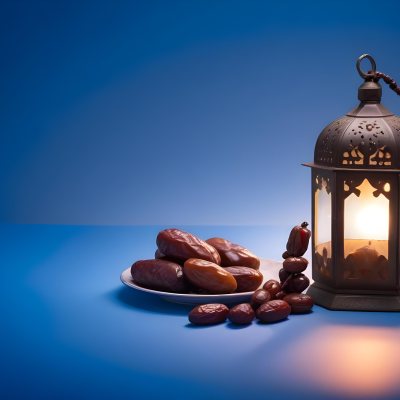 A Plate Of Dates And A String Of Prayer Beads Next To A Lantern On A Blue Background 4 965f