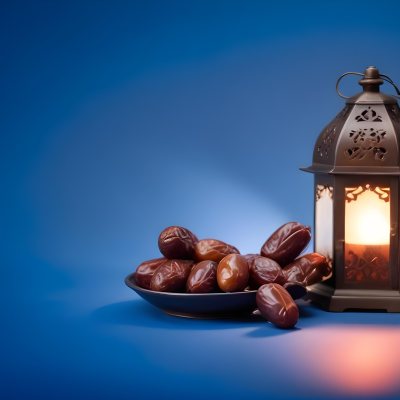 A Plate Of Dates And A String Of Prayer Beads Next To A Lantern On A Blue Background 40 B22b