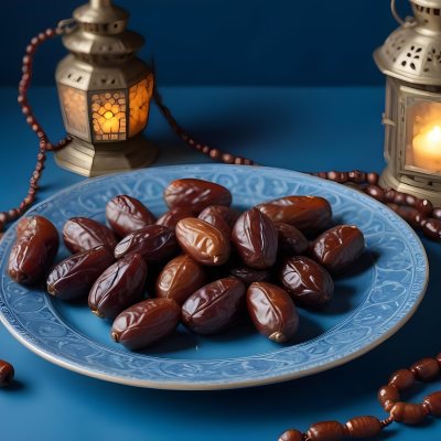 A Plate Of Dates And A String Of Prayer Beads Next To A Lantern On A Blue Background 5 14fb