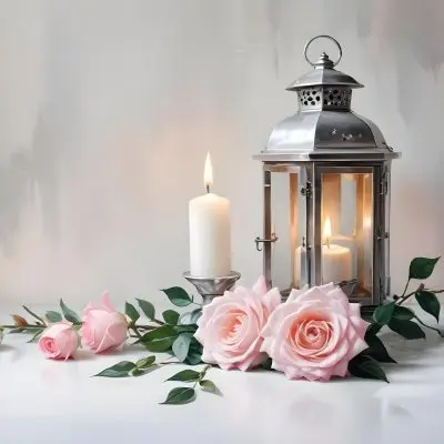 A Silver Lantern With A Candle Inside Surrounded By Pink And White Roses And Green Leaves On A White Surface With A Blurred Background 11 54f6