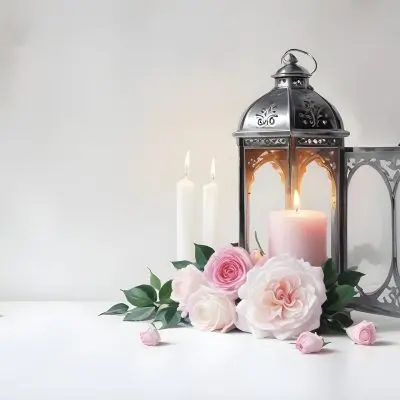 A Silver Lantern With A Candle Inside Surrounded By Pink And White Roses And Green Leaves On A White Surface With A Blurred Background 13 F4fe