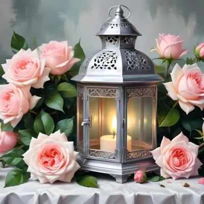 A Silver Lantern With A Candle Inside Surrounded By Pink And White Roses And Green Leaves On A White Surface With A Blurred Background 14 0a1d
