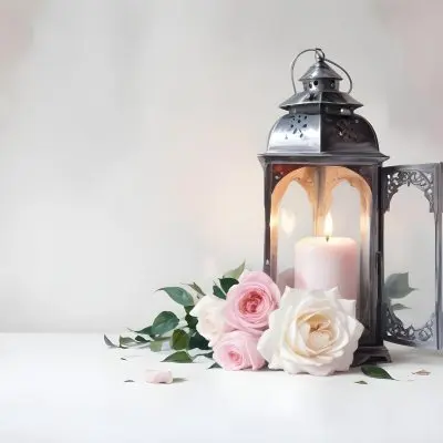 A Silver Lantern With A Candle Inside Surrounded By Pink And White Roses And Green Leaves On A White Surface With A Blurred Background 15 Ce5c