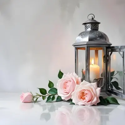 A Silver Lantern With A Candle Inside Surrounded By Pink And White Roses And Green Leaves On A White Surface With A Blurred Background 17 E880