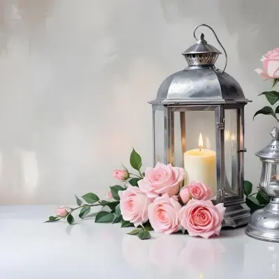 A Silver Lantern With A Candle Inside Surrounded By Pink And White Roses And Green Leaves On A White Surface With A Blurred Background 2 B12a