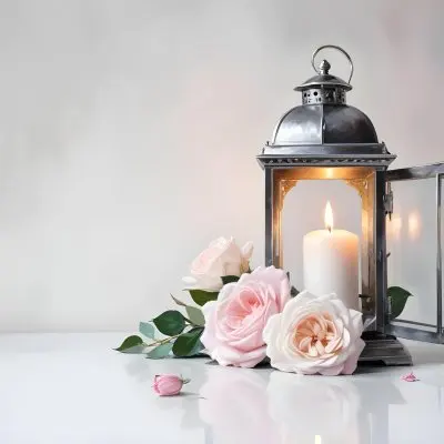 A Silver Lantern With A Candle Inside Surrounded By Pink And White Roses And Green Leaves On A White Surface With A Blurred Background 20 6d4c