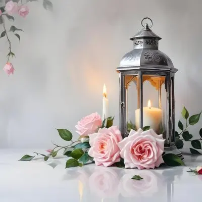 A Silver Lantern With A Candle Inside Surrounded By Pink And White Roses And Green Leaves On A White Surface With A Blurred Background 4 Ac77