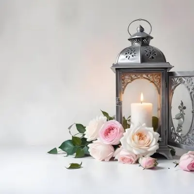 A Silver Lantern With A Candle Inside Surrounded By Pink And White Roses And Green Leaves On A White Surface With A Blurred Background 5 Daf6