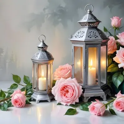 A Silver Lantern With A Candle Inside Surrounded By Pink And White Roses And Green Leaves On A White Surface With A Blurred Background 6 Ddf5