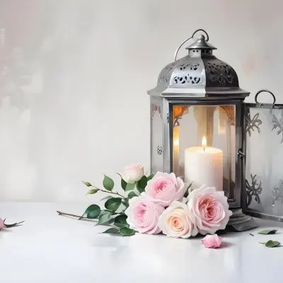 A Silver Lantern With A Candle Inside Surrounded By Pink And White Roses And Green Leaves On A White Surface With A Blurred Background 7 Ee0d