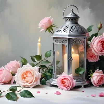 A Silver Lantern With A Candle Inside Surrounded By Pink And White Roses And Green Leaves On A White Surface With A Blurred Background 8 F76e