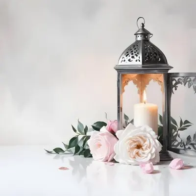 A Silver Lantern With A Candle Inside Surrounded By Pink And White Roses And Green Leaves On A White Surface With A Blurred Background 9 483f