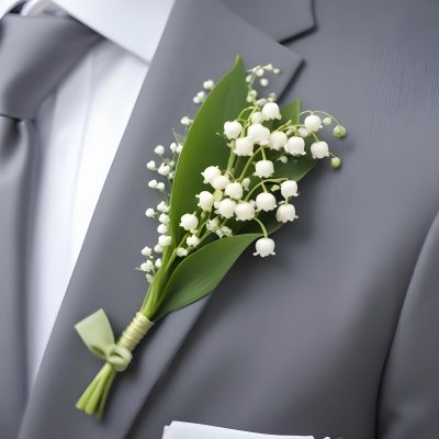 A White Boutonniere With Lily Of The Valley Flowers Pinned To A Gray Suit Jacket 17 49f4