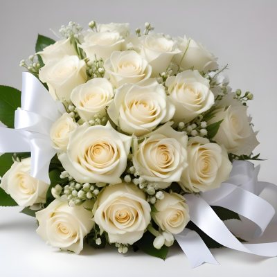 Bouquet Of White Roses And White Flowers With A White Ribbon White Background 2 150b