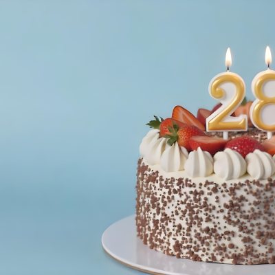 Chocolate Cake With Strawberries And Cream Two Candles With The Number 28 On Top Of A White Plate In A Blue Background 10 7015
