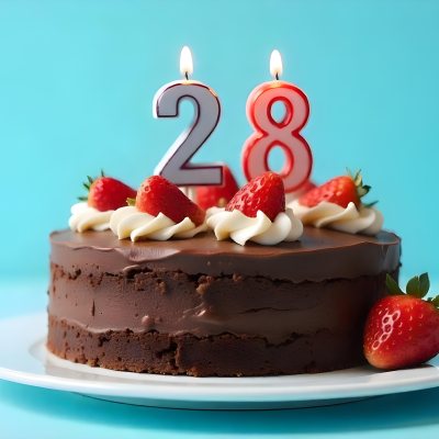 Chocolate Cake With Strawberries And Cream Two Candles With The Number 28 On Top Of A White Plate In A Blue Background 11 7813