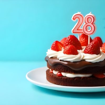 Chocolate Cake With Strawberries And Cream Two Candles With The Number 28 On Top Of A White Plate In A Blue Background 13 749a