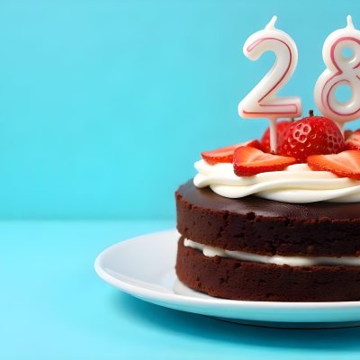 Chocolate Cake With Strawberries And Cream Two Candles With The Number 28 On Top Of A White Plate In A Blue Background 15 B1b5