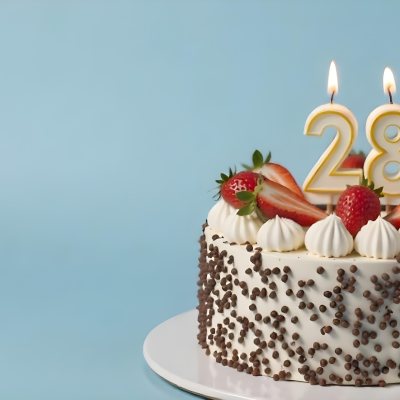 Chocolate Cake With Strawberries And Cream Two Candles With The Number 28 On Top Of A White Plate In A Blue Background 16 06bc