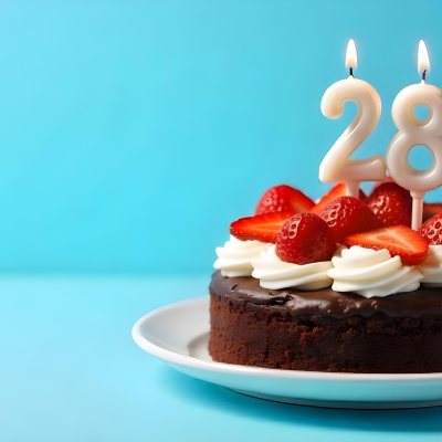 Chocolate Cake With Strawberries And Cream Two Candles With The Number 28 On Top Of A White Plate In A Blue Background 17 13f8