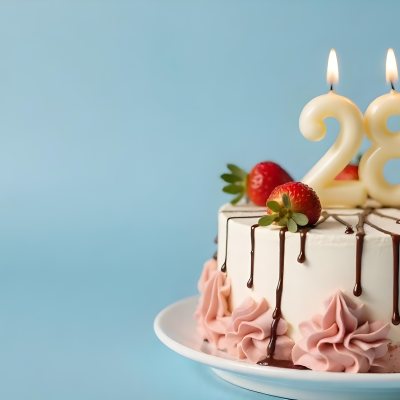 Chocolate Cake With Strawberries And Cream Two Candles With The Number 28 On Top Of A White Plate In A Blue Background 18 Fe30