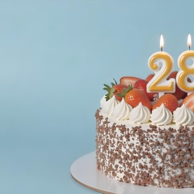 Chocolate Cake With Strawberries And Cream Two Candles With The Number 28 On Top Of A White Plate In A Blue Background 2 Db49