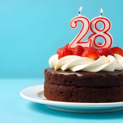 Chocolate Cake With Strawberries And Cream Two Candles With The Number 28 On Top Of A White Plate In A Blue Background 21 D947