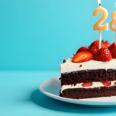 Chocolate Cake With Strawberries And Cream Two Candles With The Number 28 On Top Of A White Plate In A Blue Background 22 96d5