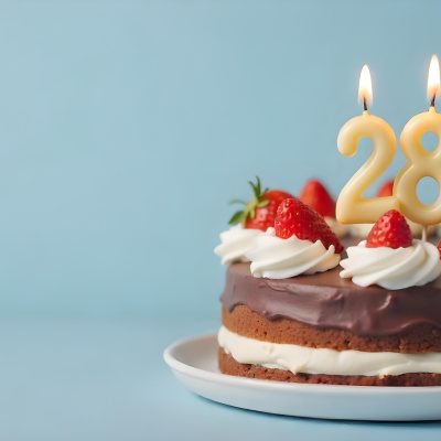 Chocolate Cake With Strawberries And Cream Two Candles With The Number 28 On Top Of A White Plate In A Blue Background 23 Dcfa