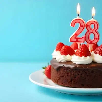 Chocolate Cake With Strawberries And Cream Two Candles With The Number 28 On Top Of A White Plate In A Blue Background 24 64d5