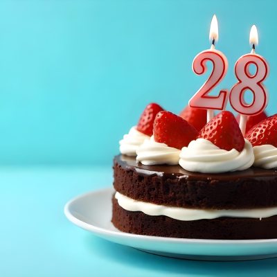 Chocolate Cake With Strawberries And Cream Two Candles With The Number 28 On Top Of A White Plate In A Blue Background 5 8424