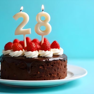 Chocolate Cake With Strawberries And Cream Two Candles With The Number 28 On Top Of A White Plate In A Blue Background 7 66c8