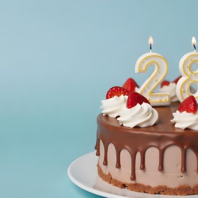 Chocolate Cake With Strawberries And Cream Two Candles With The Number 28 On Top Of A White Plate In A Blue Background 8 8ebc
