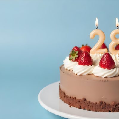 Chocolate Cake With Strawberries And Cream Two Candles With The Number 28 On Top Of A White Plate In A Blue Background 9 Bcf1