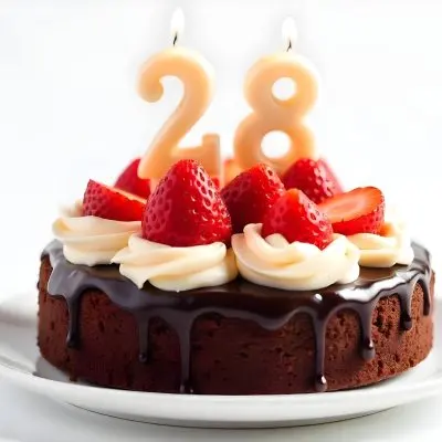 Chocolate Cake With Strawberries And Cream Two Candles With The Number 28 On Top Of A White Plate In A White Background 20 38a5