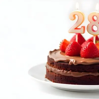 Chocolate Cake With Strawberries And Cream Two Candles With The Number 28 On Top Of A White Plate In A White Background 26 5d30