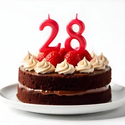 Chocolate Cake With Strawberries And Cream Two Candles With The Number 28 On Top Of A White Plate In A White Background 27 68ee