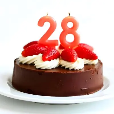Chocolate Cake With Strawberries And Cream Two Candles With The Number 28 On Top Of A White Plate In A White Background 29 E9d5