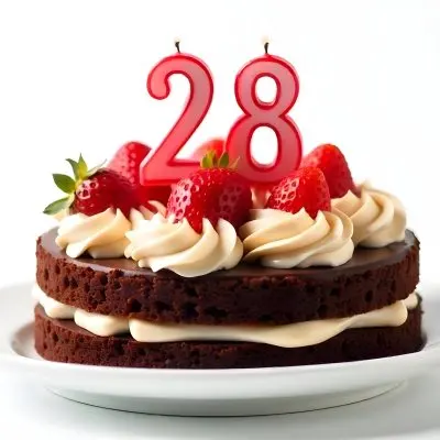 Chocolate Cake With Strawberries And Cream Two Candles With The Number 28 On Top Of A White Plate In A White Background 34 8218