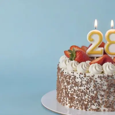 Chocolate Cake With Strawberries And Cream Two Candles With The Number 28 On Top Of A White Plate In A White Background 9 Ce7e
