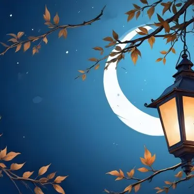 Digital Painting A Crescent Moon In A Blue Sky With Some Branches And Leaves And A Lantern On The Right Side Of The Image Bold And Slim Lines Brush Strokes 13 A2ef