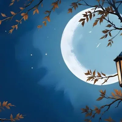 Digital Painting A Crescent Moon In A Blue Sky With Some Branches And Leaves And A Lantern On The Right Side Of The Image Bold And Slim Lines Brush Strokes 14 C8b0