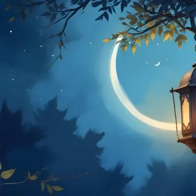 Digital Painting A Crescent Moon In A Blue Sky With Some Branches And Leaves And A Lantern On The Right Side Of The Image Bold And Slim Lines Brush Strokes 21 F2df