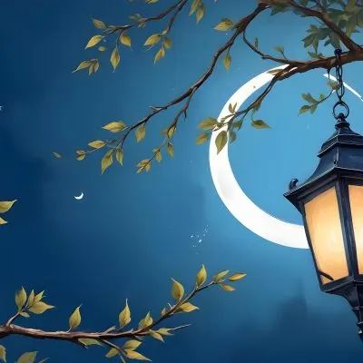 Digital Painting A Crescent Moon In A Blue Sky With Some Branches And Leaves And A Lantern On The Right Side Of The Image Bold And Slim Lines Brush Strokes 22 61ce