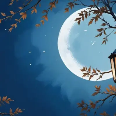 Digital Painting A Crescent Moon In A Blue Sky With Some Branches And Leaves And A Lantern On The Right Side Of The Image Bold And Slim Lines Brush Strokes 28 3dc2