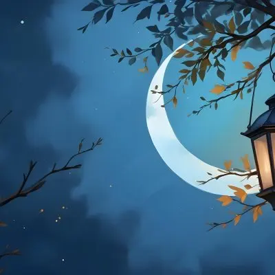 Digital Painting A Crescent Moon In A Blue Sky With Some Branches And Leaves And A Lantern On The Right Side Of The Image Bold And Slim Lines Brush Strokes 31 A06d