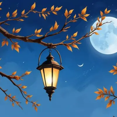 Digital Painting A Crescent Moon In A Blue Sky With Some Branches And Leaves And A Lantern On The Right Side Of The Image Bold And Slim Lines Brush Strokes 33 2113