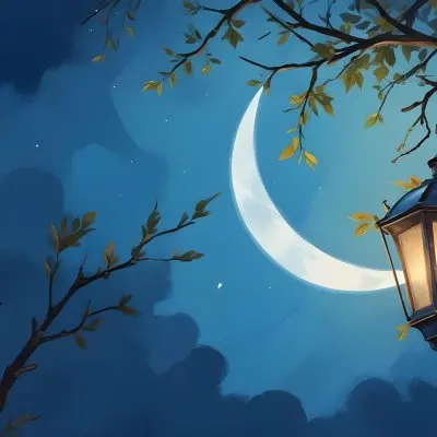 Digital Painting A Crescent Moon In A Blue Sky With Some Branches And Leaves And A Lantern On The Right Side Of The Image Bold And Slim Lines Brush Strokes 5 Fab3